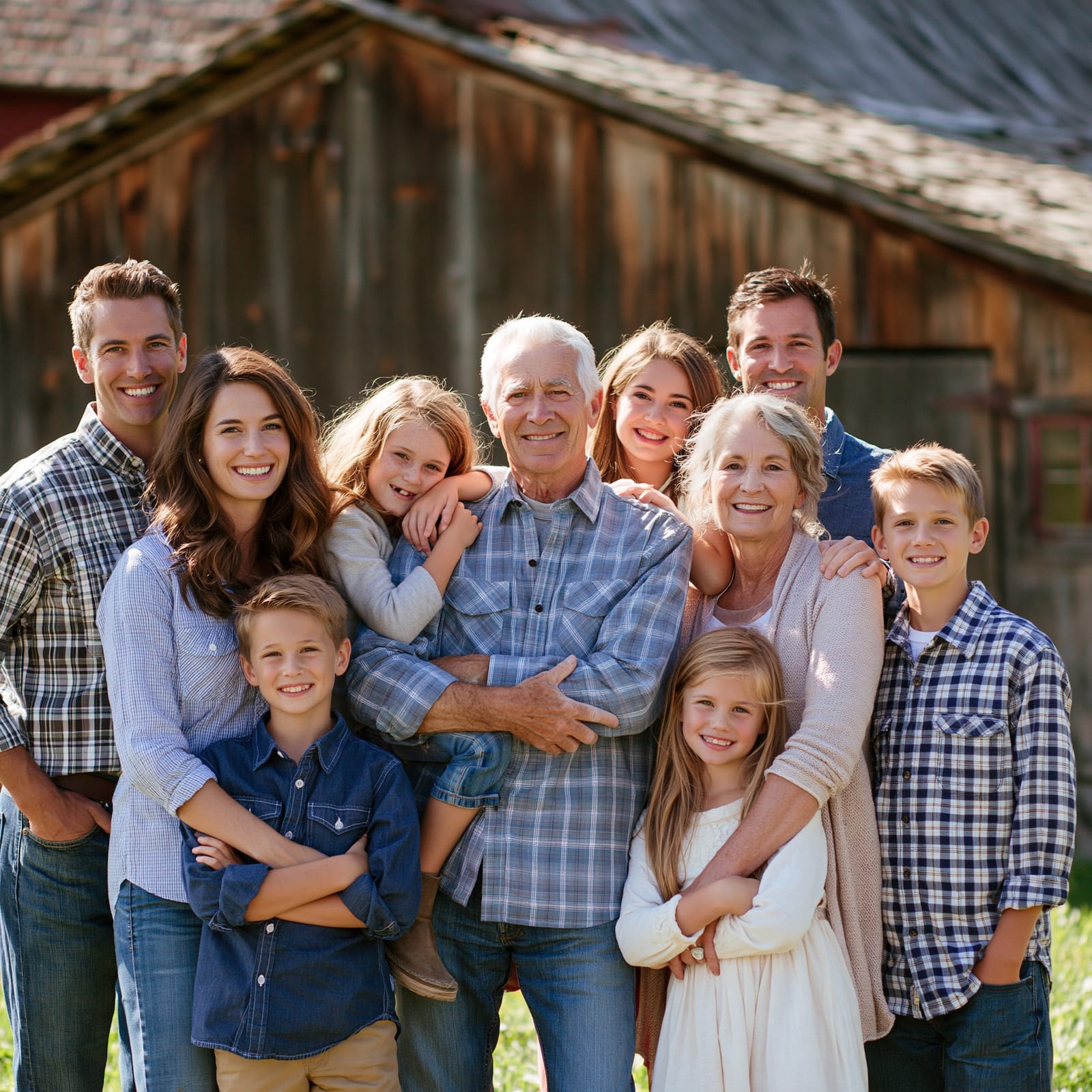 Three generations of a family standing together in front of a weathered barn.