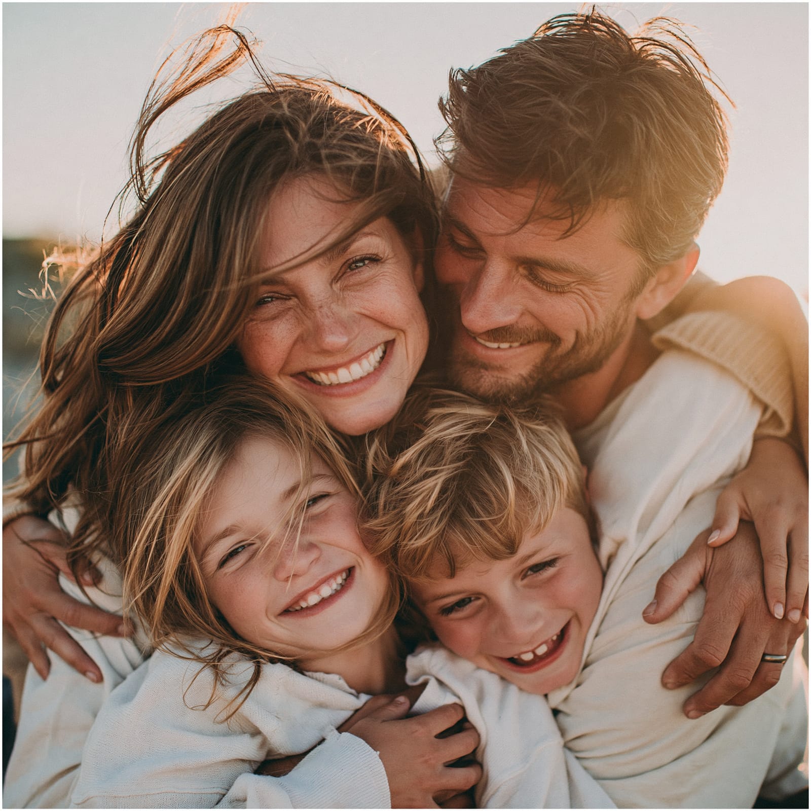 Two parents and two children wrapped in a blanket, laughing together in low evening light.